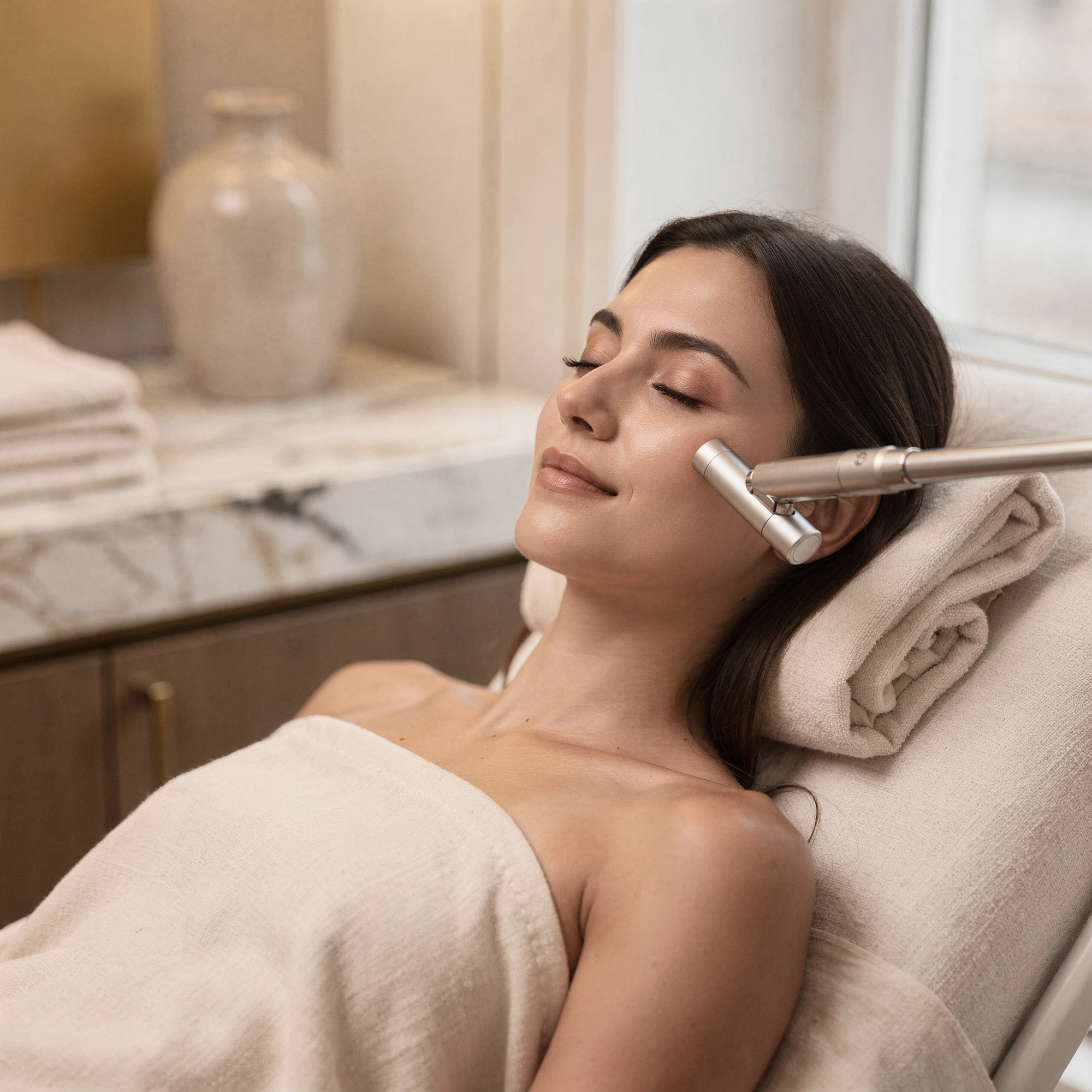 Patient receiving laser skin resurfacing treatment to the cheek in a spa-like treatment room